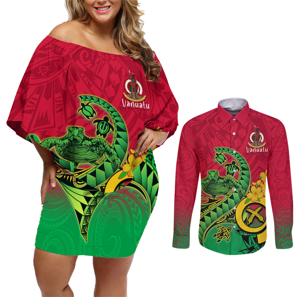 Vanuatu Islands Couples Matching Off Shoulder Short Dress and Long Sleeve Button Shirts Polynesian Tattoo and Sea Turtle LT9 - Wonder Print Shop