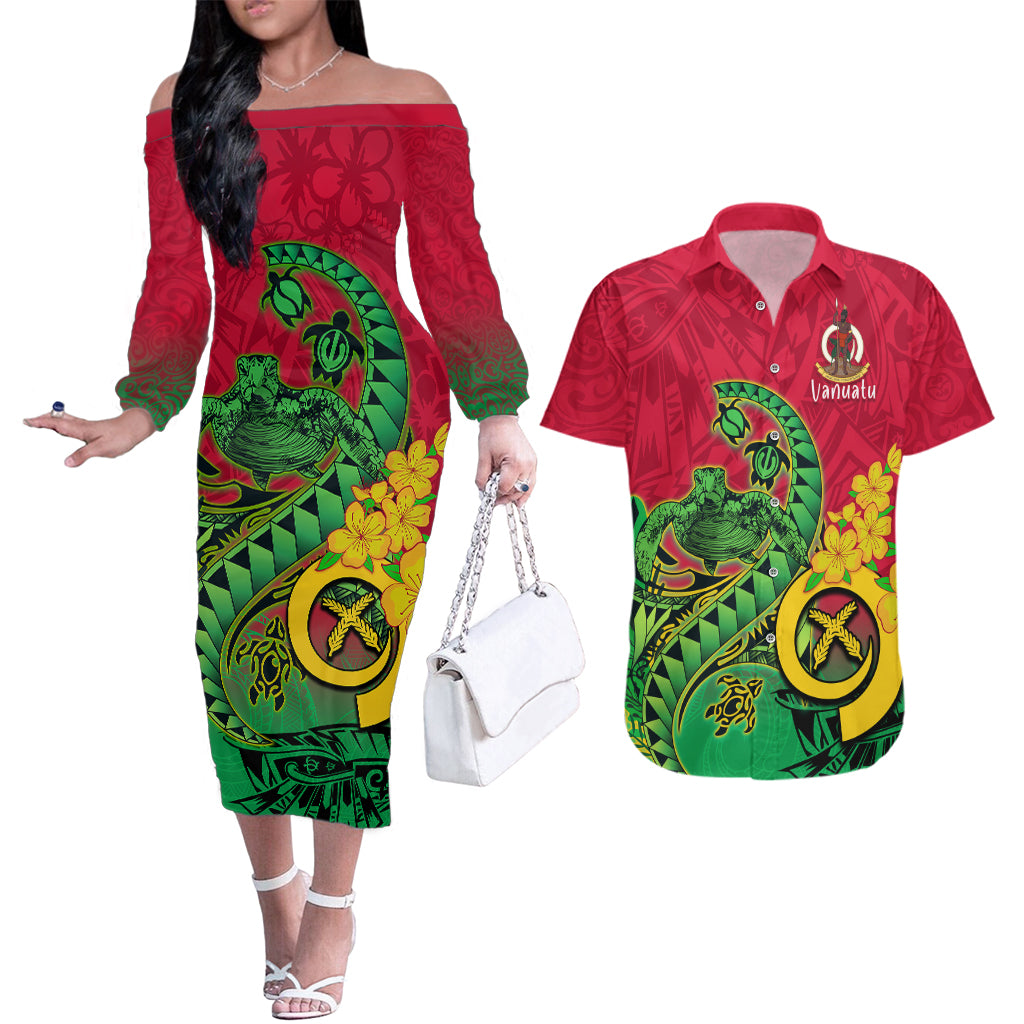 Vanuatu Islands Couples Matching Off The Shoulder Long Sleeve Dress and Hawaiian Shirt Polynesian Tattoo and Sea Turtle LT9 - Wonder Print Shop