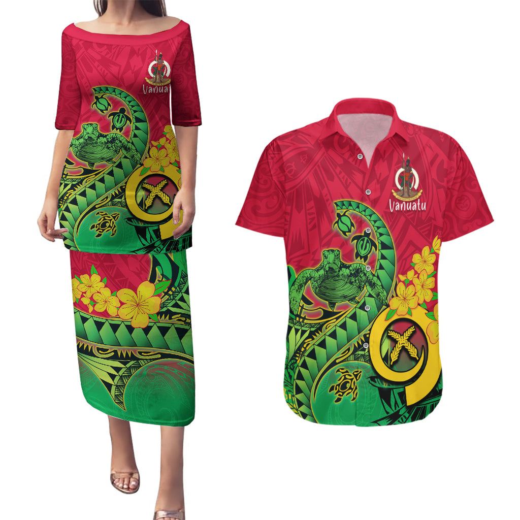 Vanuatu Islands Couples Matching Puletasi Dress and Hawaiian Shirt Polynesian Tattoo and Sea Turtle LT9 - Wonder Print Shop