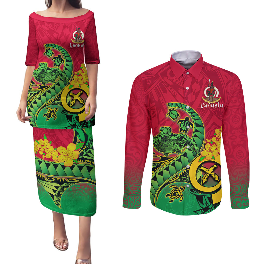 Vanuatu Islands Couples Matching Puletasi Dress and Long Sleeve Button Shirts Polynesian Tattoo and Sea Turtle LT9 - Wonder Print Shop