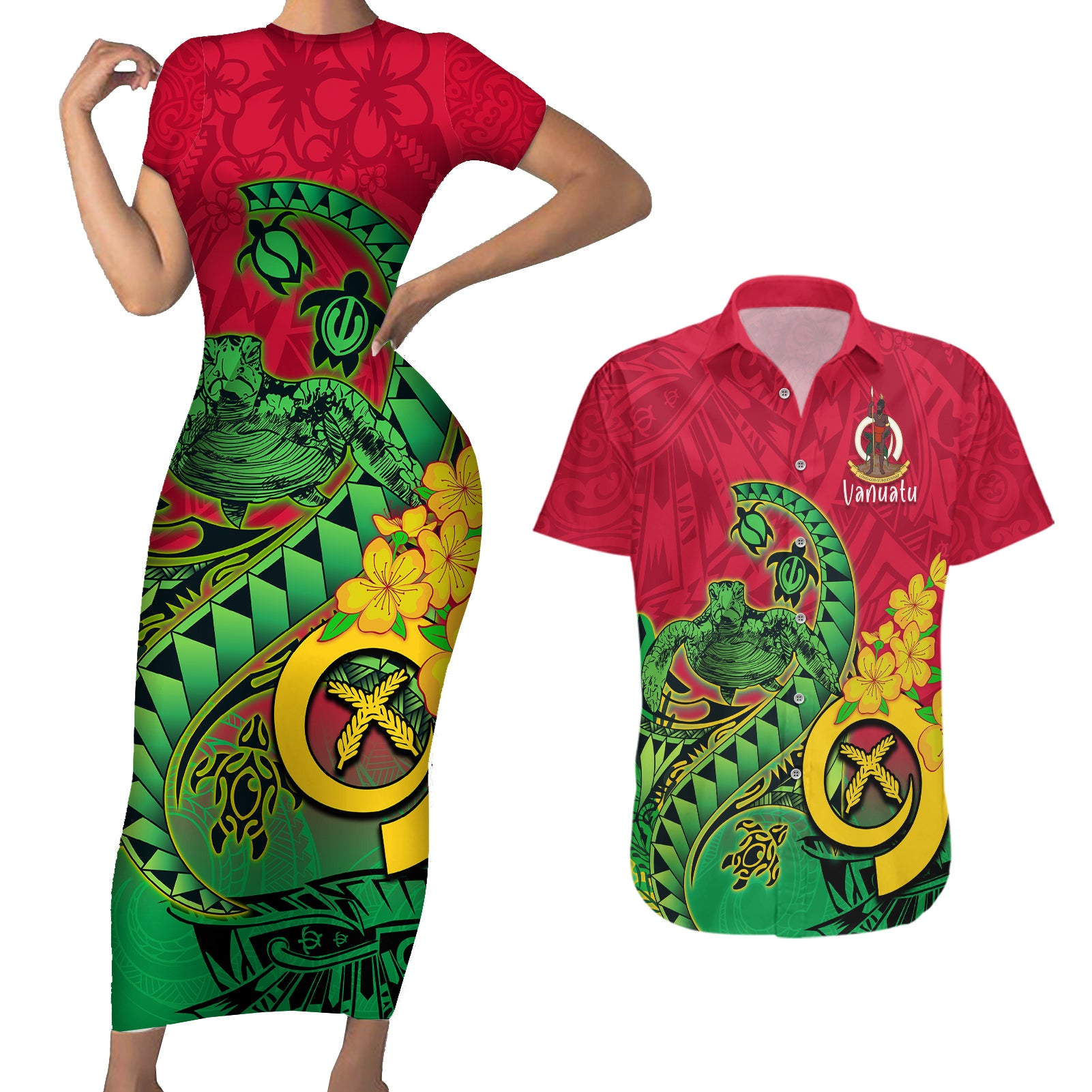 Vanuatu Islands Couples Matching Short Sleeve Bodycon Dress and Hawaiian Shirt Polynesian Tattoo and Sea Turtle LT9 - Wonder Print Shop