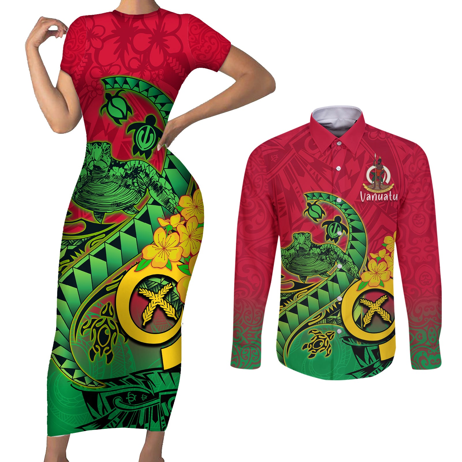 Vanuatu Islands Couples Matching Short Sleeve Bodycon Dress and Long Sleeve Button Shirts Polynesian Tattoo and Sea Turtle LT9 - Wonder Print Shop