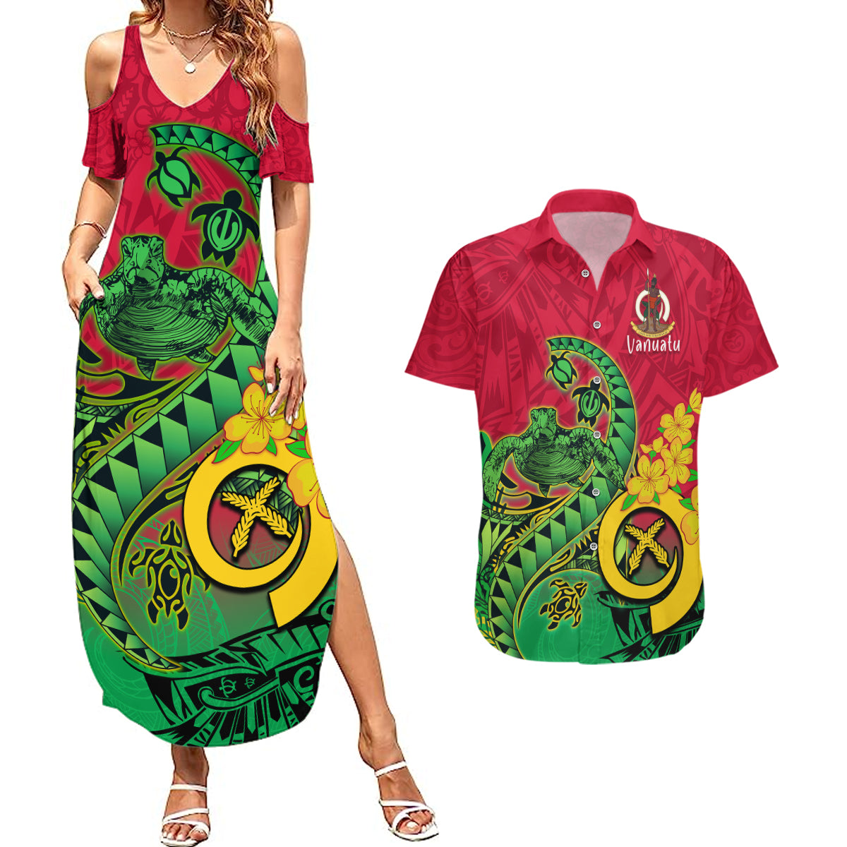 Vanuatu Islands Couples Matching Summer Maxi Dress and Hawaiian Shirt Polynesian Tattoo and Sea Turtle LT9 - Wonder Print Shop