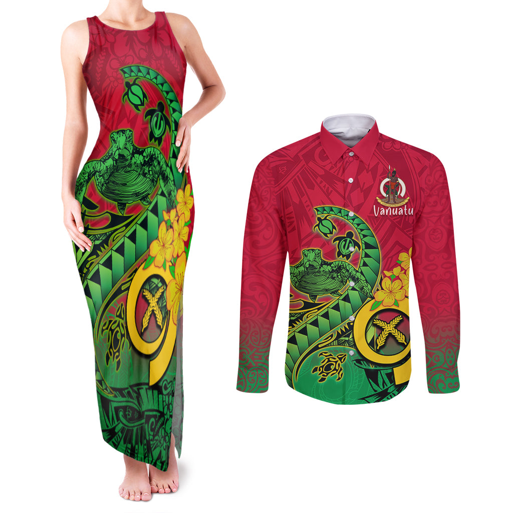 Vanuatu Islands Couples Matching Tank Maxi Dress and Long Sleeve Button Shirts Polynesian Tattoo and Sea Turtle LT9 - Wonder Print Shop