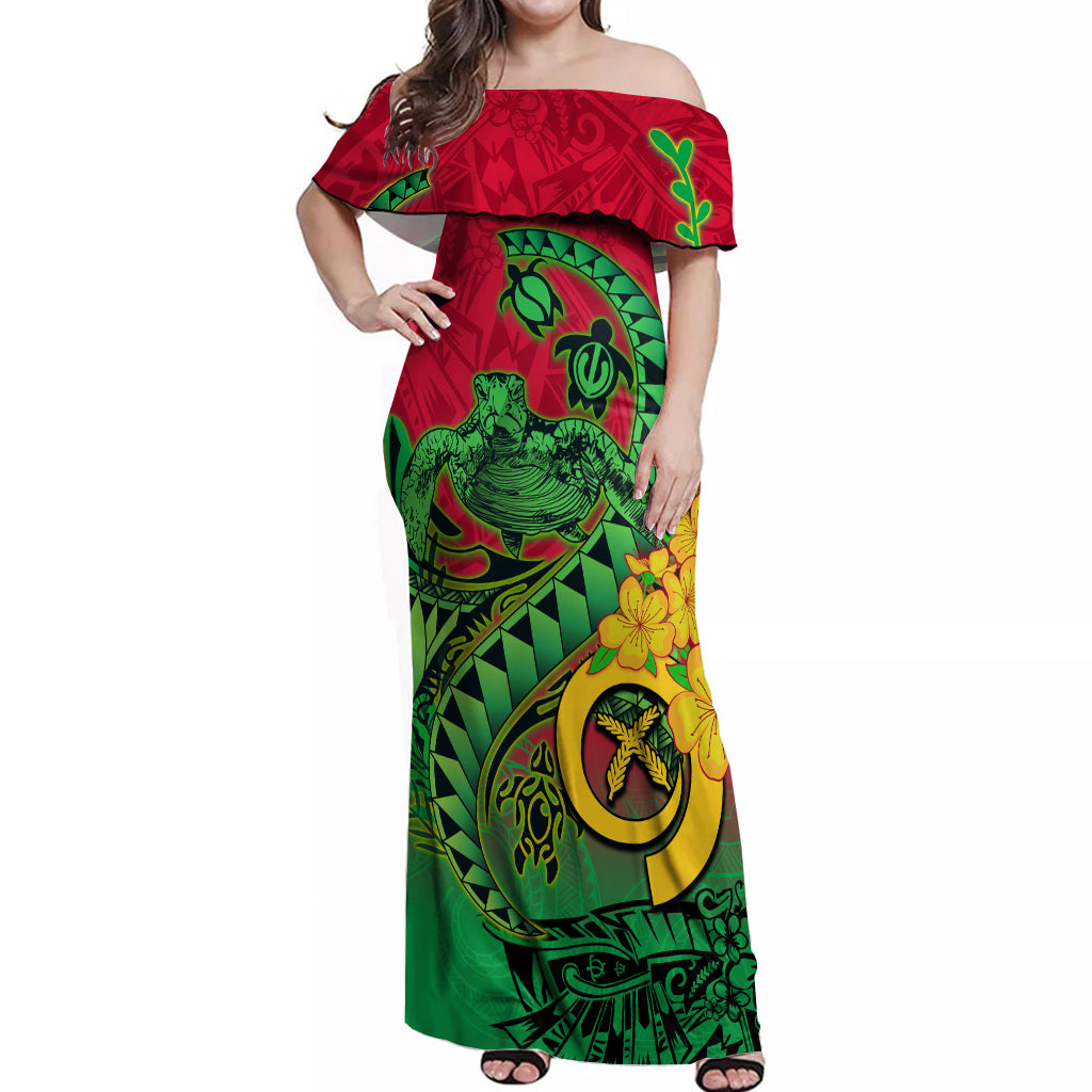 Vanuatu Islands Off Shoulder Maxi Dress Polynesian Tattoo and Sea Turtle - Wonder Print Shop