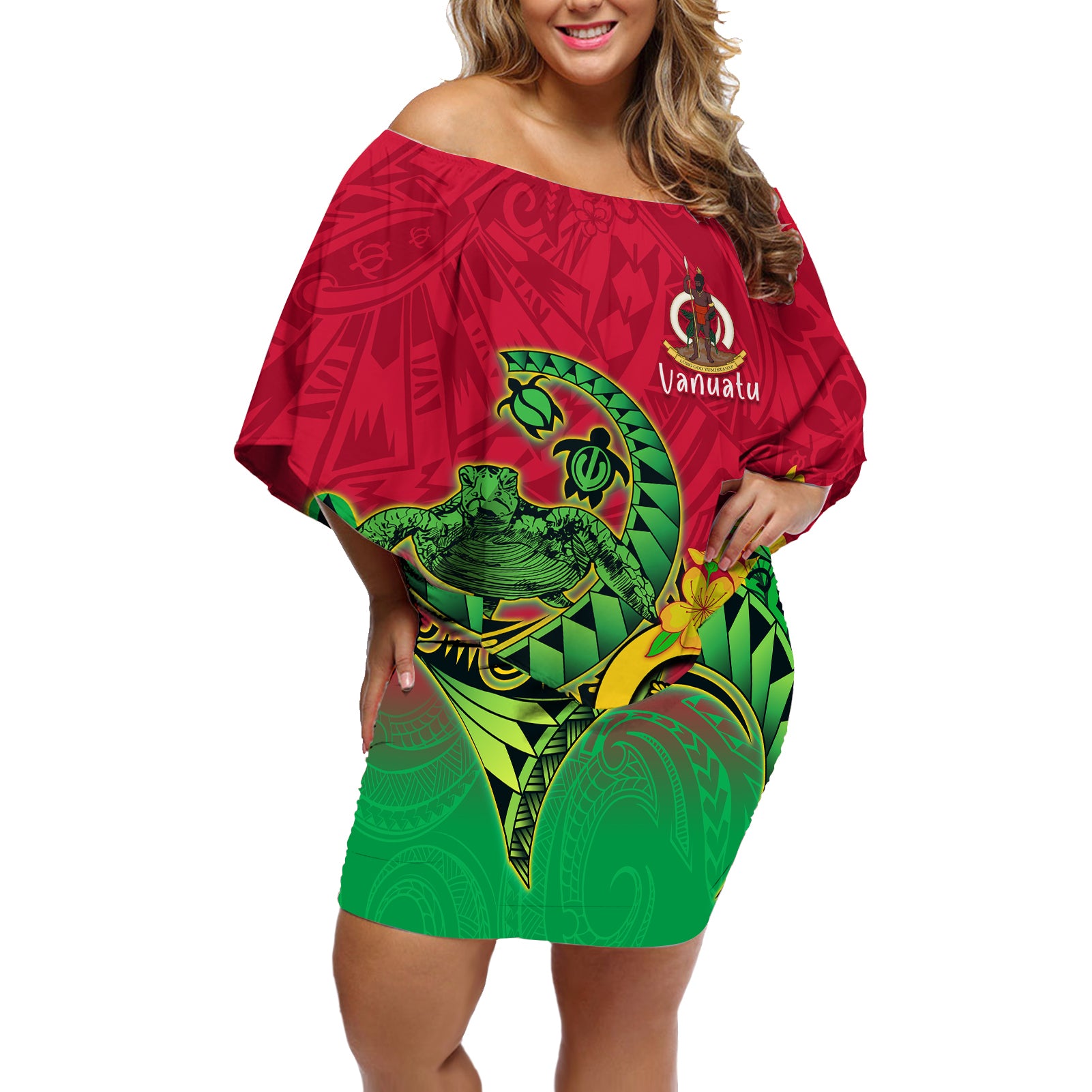 Vanuatu Islands Off Shoulder Short Dress Polynesian Tattoo and Sea Turtle - Wonder Print Shop