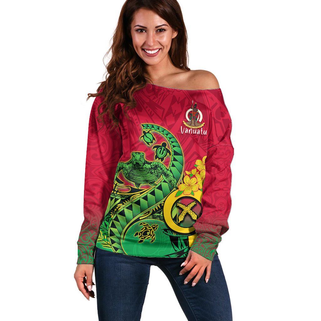 Vanuatu Islands Off Shoulder Sweater Polynesian Tattoo and Sea Turtle - Wonder Print Shop