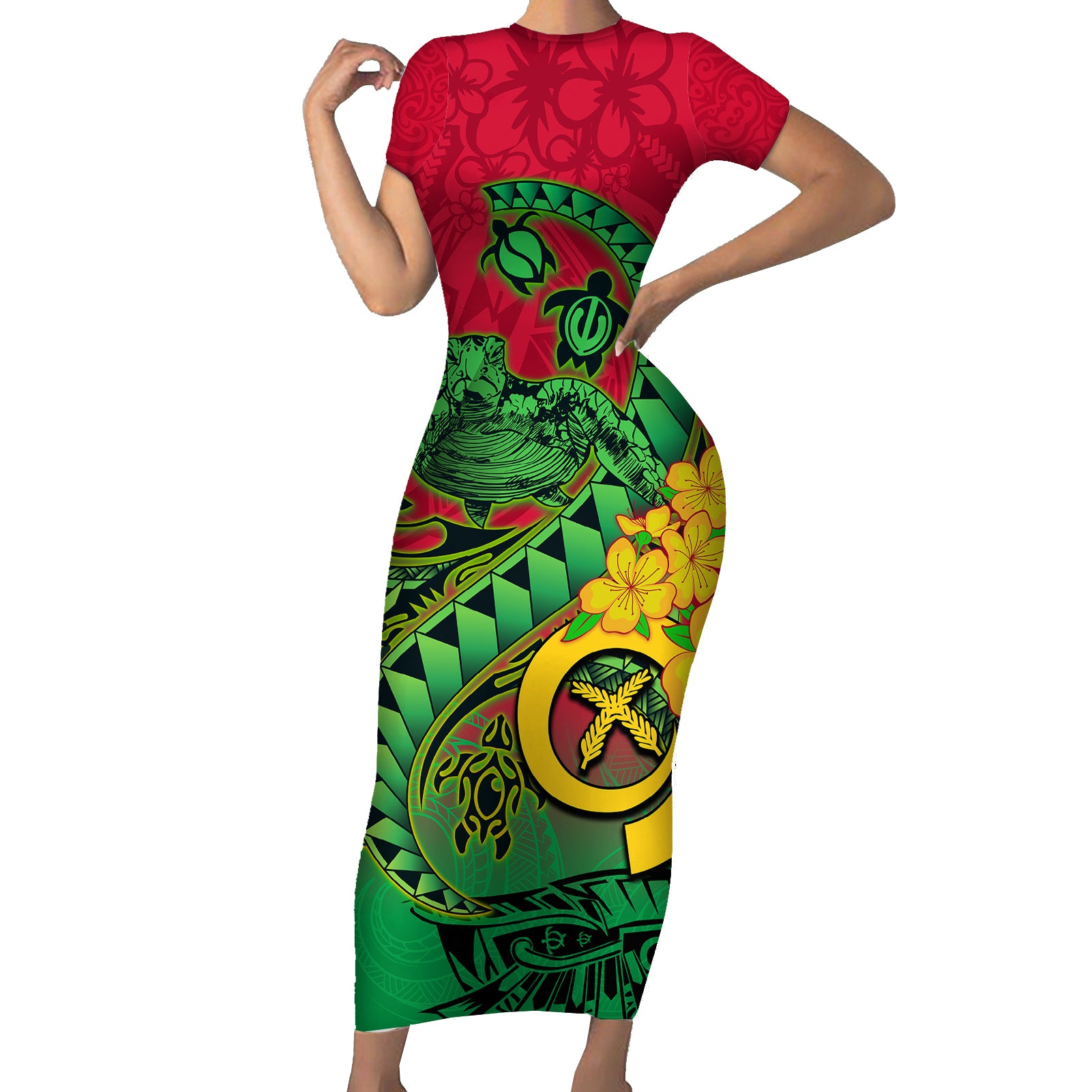 Vanuatu Islands Short Sleeve Bodycon Dress Polynesian Tattoo and Sea Turtle - Wonder Print Shop