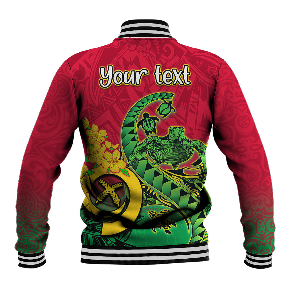 Red unisex baseball jacket with green sea turtle back graphic and striped collar