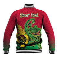 Red unisex baseball jacket with green sea turtle back graphic and striped collar