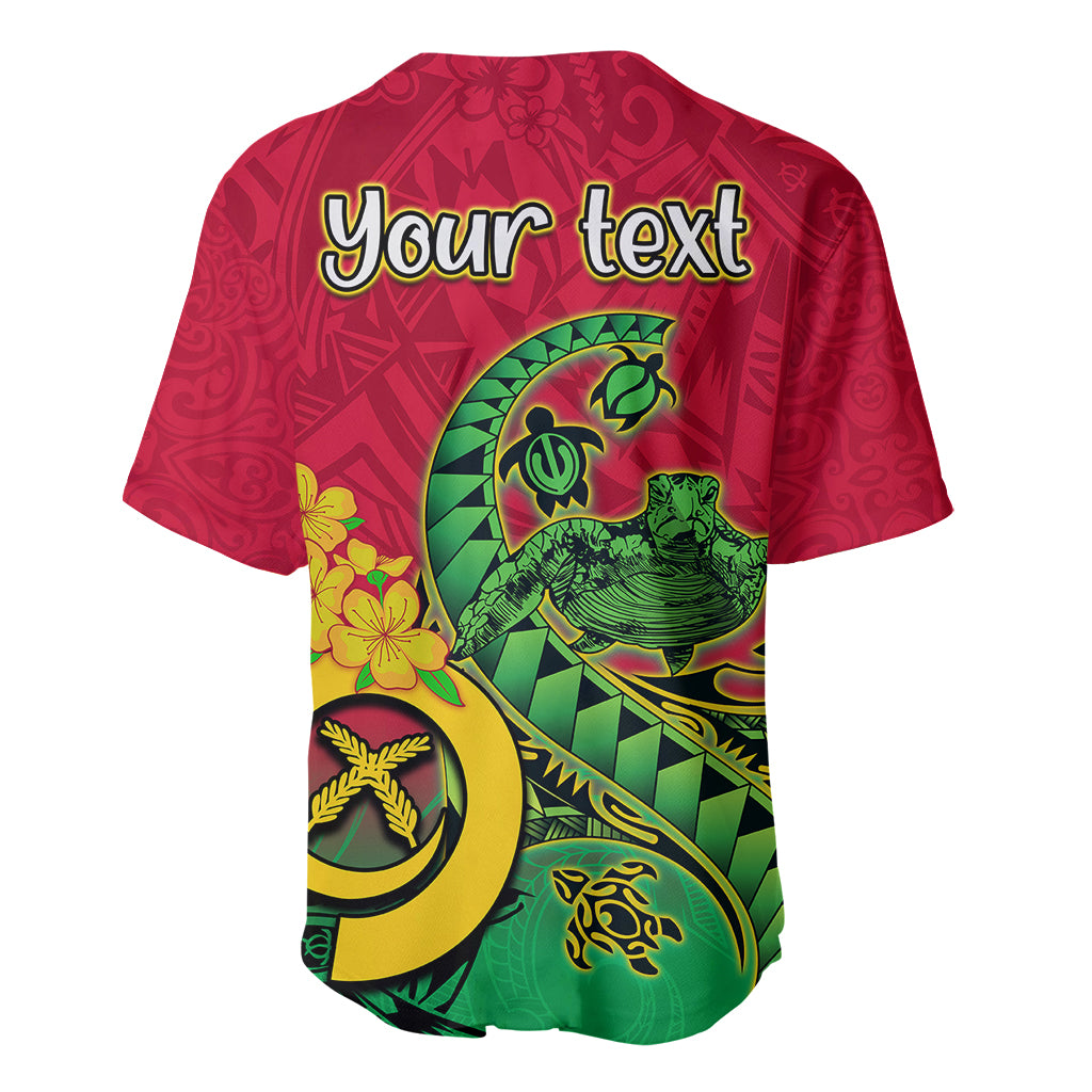 Red baseball jersey back with 'Your text' and sea turtle Polynesian tattoo graphic
