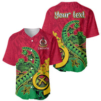 Two red baseball jerseys: front shows Vanuatu emblem, back shows 'Your text'