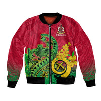Red bomber jacket with zipper front, green sea turtle and floral Polynesian print