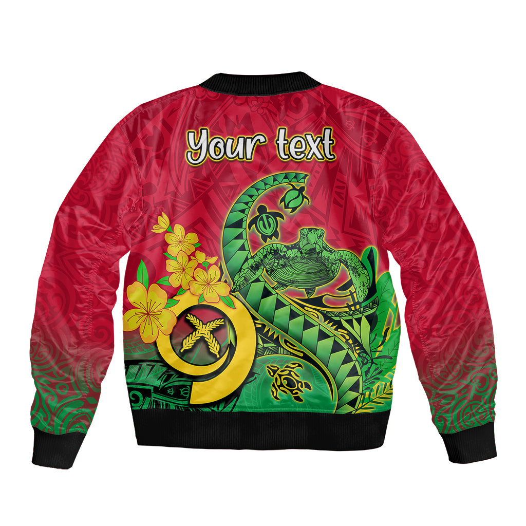 Red bomber jacket back view with custom text, green sea turtle and hibiscus graphics