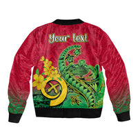 Red bomber jacket back view with custom text, green sea turtle and hibiscus graphics