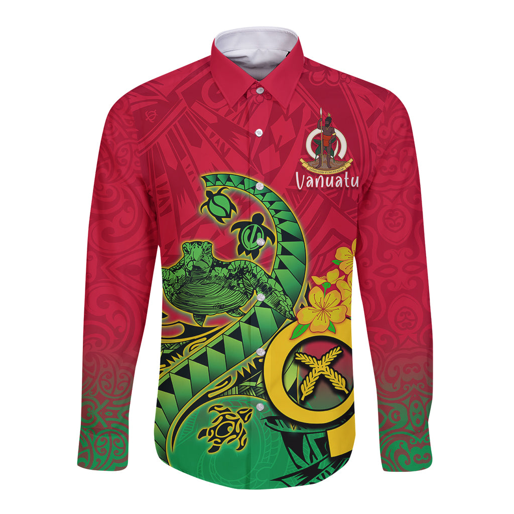 Long-sleeve button shirt, red with green Polynesian turtle and Vanuatu crest
