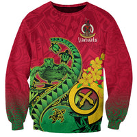Dark red sweatshirt with green Polynesian tattoo sea turtle and Vanuatu graphic, long sleeves