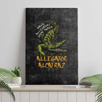 Black canvas wall art with green alligator graphic and vintage text, unframed