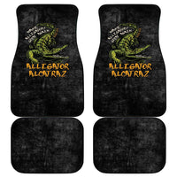 Black car floor mat set, four-piece layout with green alligator logo