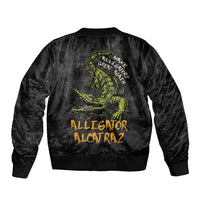 Black unisex satin bomber jacket with ribbed collar and back alligator graphic