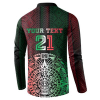 Custom button sweatshirt back with YOUR TEXT, large 21 and Aztec red-green print