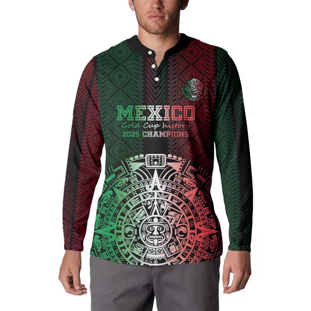 Custom button sweatshirt front with red-green Aztec print, Mexico Gold Cup history 2025
