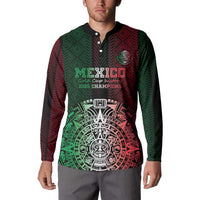 Custom button sweatshirt front with red-green Aztec print, Mexico Gold Cup history 2025