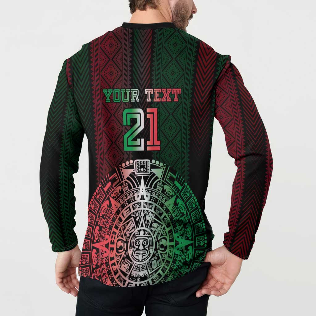Custom button sweatshirt back with YOUR TEXT 21 and circular Aztec emblem in red-green