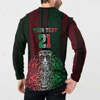 Custom button sweatshirt back with YOUR TEXT 21 and circular Aztec emblem in red-green