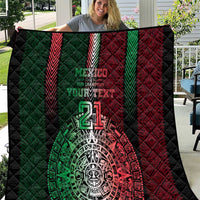 Black custom quilt with Mexico flag colors, Aztec-style emblem, large number 21 and text