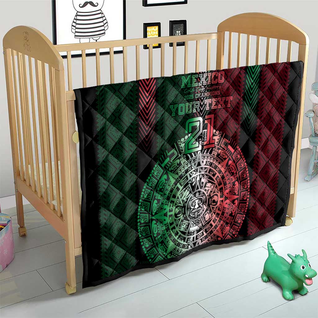 Black quilt draped over a crib mattress, Mexico green/red emblem with number 21