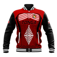 Men's red and black rugby baseball jacket with TONGA logo and striped ribbed collar