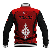 Red and black rugby baseball jacket back with large TONGA graphic and ribbed hem