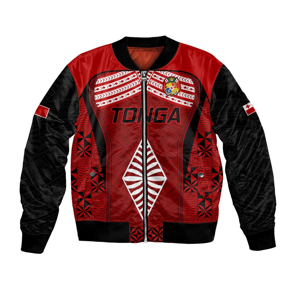 Red and black rugby bomber jacket with zip front, ribbed cuffs, and Tonga crest print