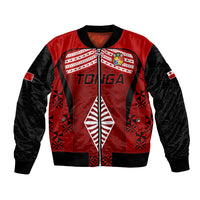 Red and black rugby bomber jacket with zip front, ribbed cuffs, and Tonga crest print