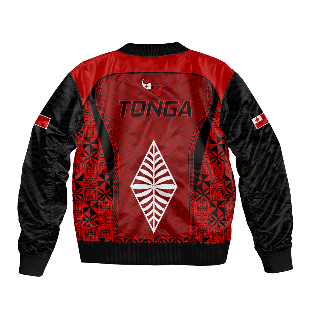 Red and black rugby bomber jacket with large back diamond emblem and ribbed trim