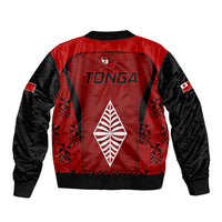Red and black rugby bomber jacket with large back diamond emblem and ribbed trim