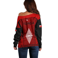 Women’s off-shoulder rugby sweater back in red and black with Tonga graphic and crest