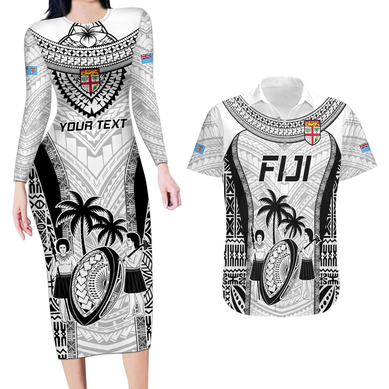 Custom Fiji Rugby Couples Matching Long Sleeve Bodycon Dress and Hawaiian Shirt Go Champions World Cup 2023 Tapa Unique White Vibe LT9 - Wonder Print Shop