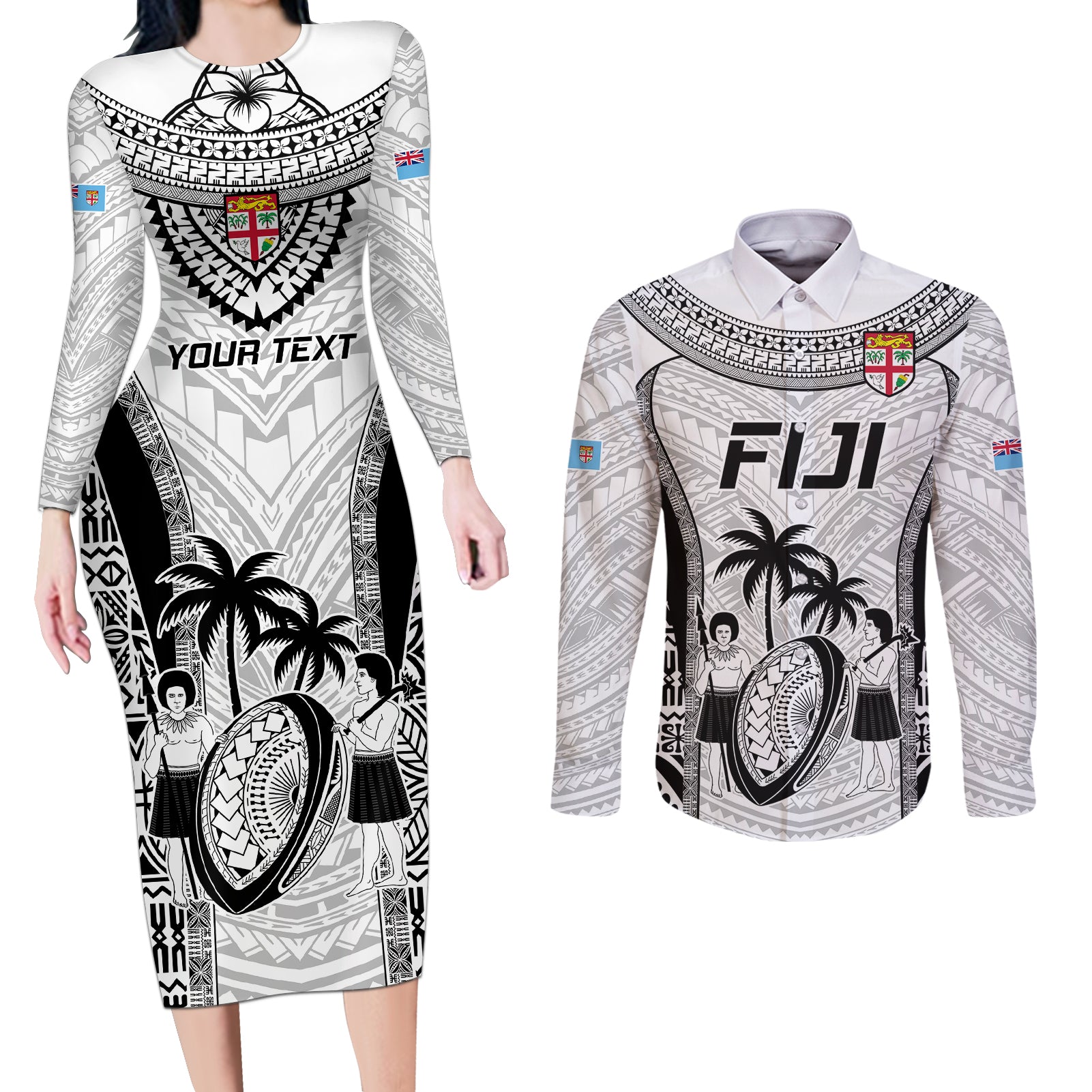 Custom Fiji Rugby Couples Matching Long Sleeve Bodycon Dress and Long Sleeve Button Shirts Go Champions World Cup 2023 Tapa Unique White Vibe LT9 - Wonder Print Shop