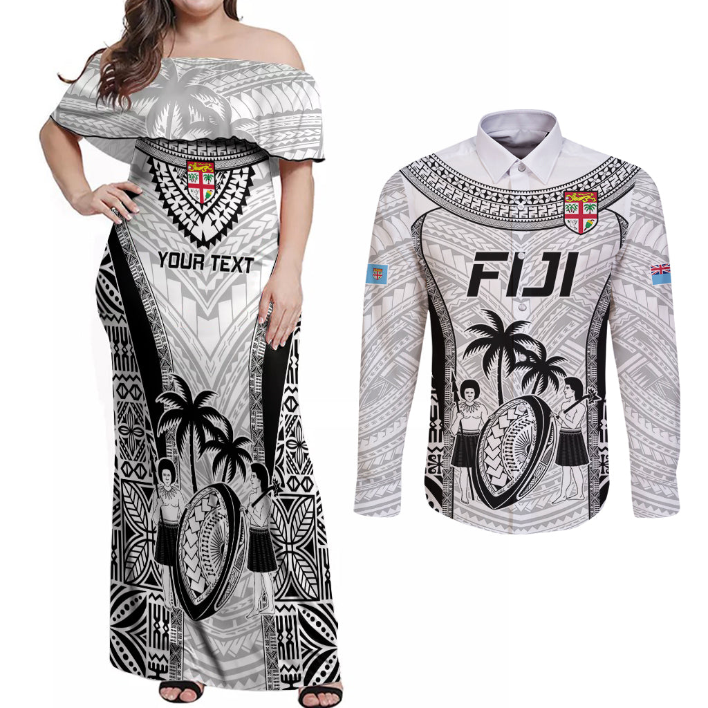 Custom Fiji Rugby Couples Matching Off Shoulder Maxi Dress and Long Sleeve Button Shirts Go Champions World Cup 2023 Tapa Unique White Vibe LT9 - Wonder Print Shop