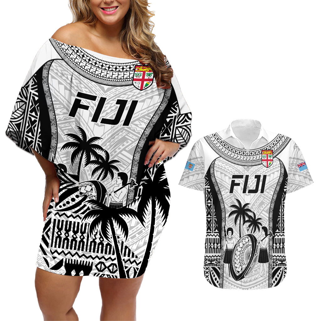 Custom Fiji Rugby Couples Matching Off Shoulder Short Dress and Hawaiian Shirt Go Champions World Cup 2023 Tapa Unique White Vibe LT9 - Wonder Print Shop