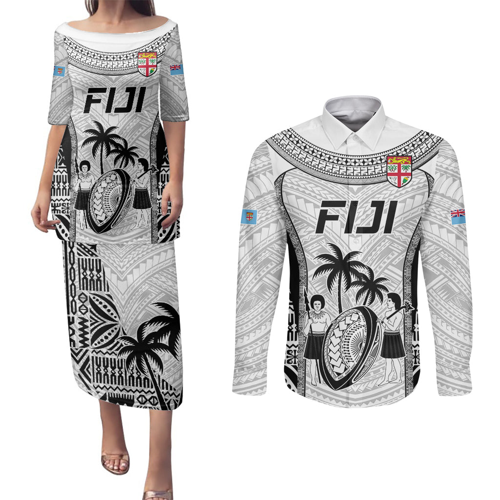 Custom Fiji Rugby Couples Matching Puletasi Dress and Long Sleeve Button Shirts Go Champions World Cup 2023 Tapa Unique White Vibe LT9 - Wonder Print Shop