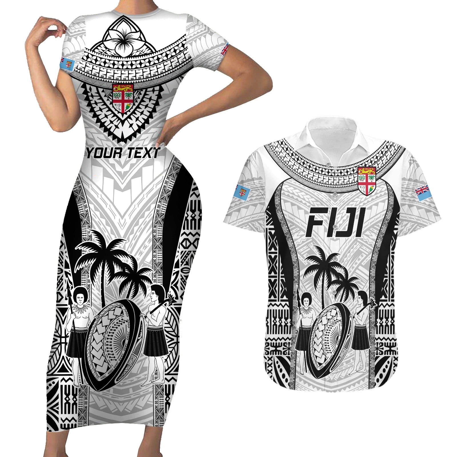 Custom Fiji Rugby Couples Matching Short Sleeve Bodycon Dress and Hawaiian Shirt Go Champions World Cup 2023 Tapa Unique White Vibe LT9 - Wonder Print Shop