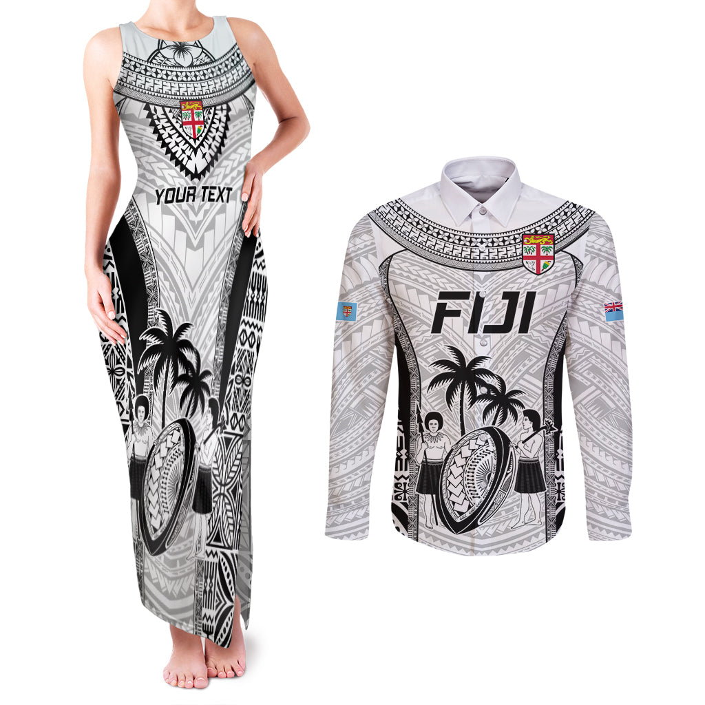 Custom Fiji Rugby Couples Matching Tank Maxi Dress and Long Sleeve Button Shirts Go Champions World Cup 2023 Tapa Unique White Vibe LT9 - Wonder Print Shop