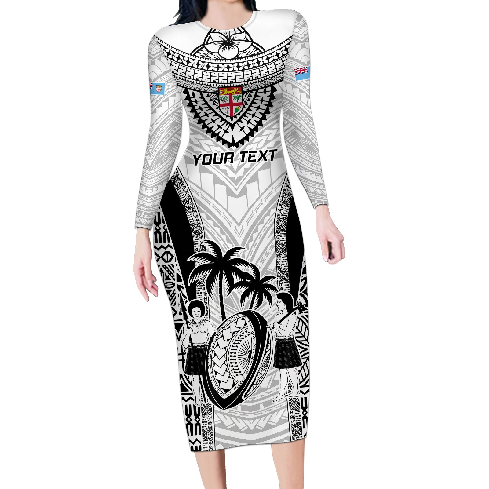 Custom Fiji Rugby Long Sleeve Bodycon Dress Go Champions World Cup 2023 Tapa Unique White Vibe - Wonder Print Shop