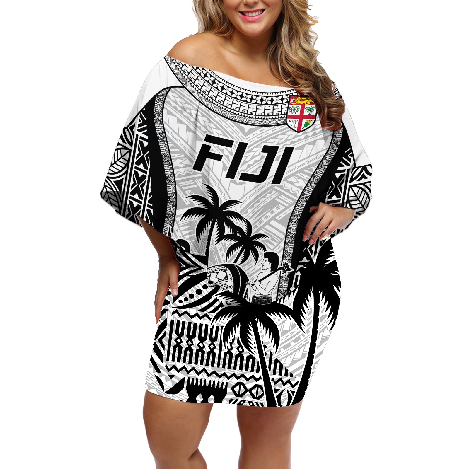 Custom Fiji Rugby Off Shoulder Short Dress Go Champions World Cup 2023 Tapa Unique White Vibe - Wonder Print Shop