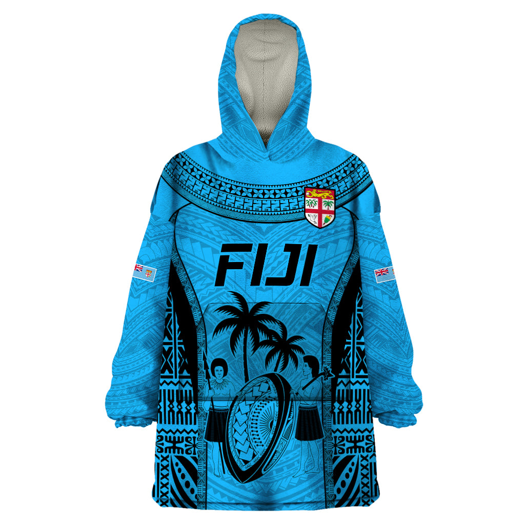 Fiji Rugby Wearable Blanket Hoodie Go Champions World Cup 2023 Tapa Unique Blue Vibe - Wonder Print Shop