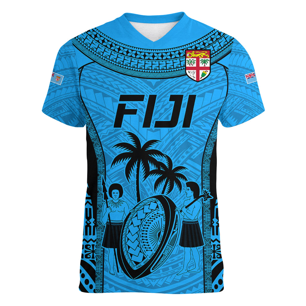 Fiji Rugby Women V Neck T Shirt Go Champions World Cup 2023 Tapa Unique Blue Vibe - Wonder Print Shop