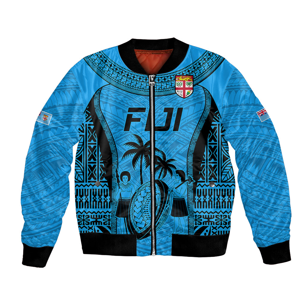 Custom Fiji Rugby Bomber Jacket Go Champions World Cup 2023 Tapa Unique Blue Vibe LT9 - Wonder Print Shop